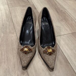 Stuart Weitzman Textured Brown Heels with Jewel Accents